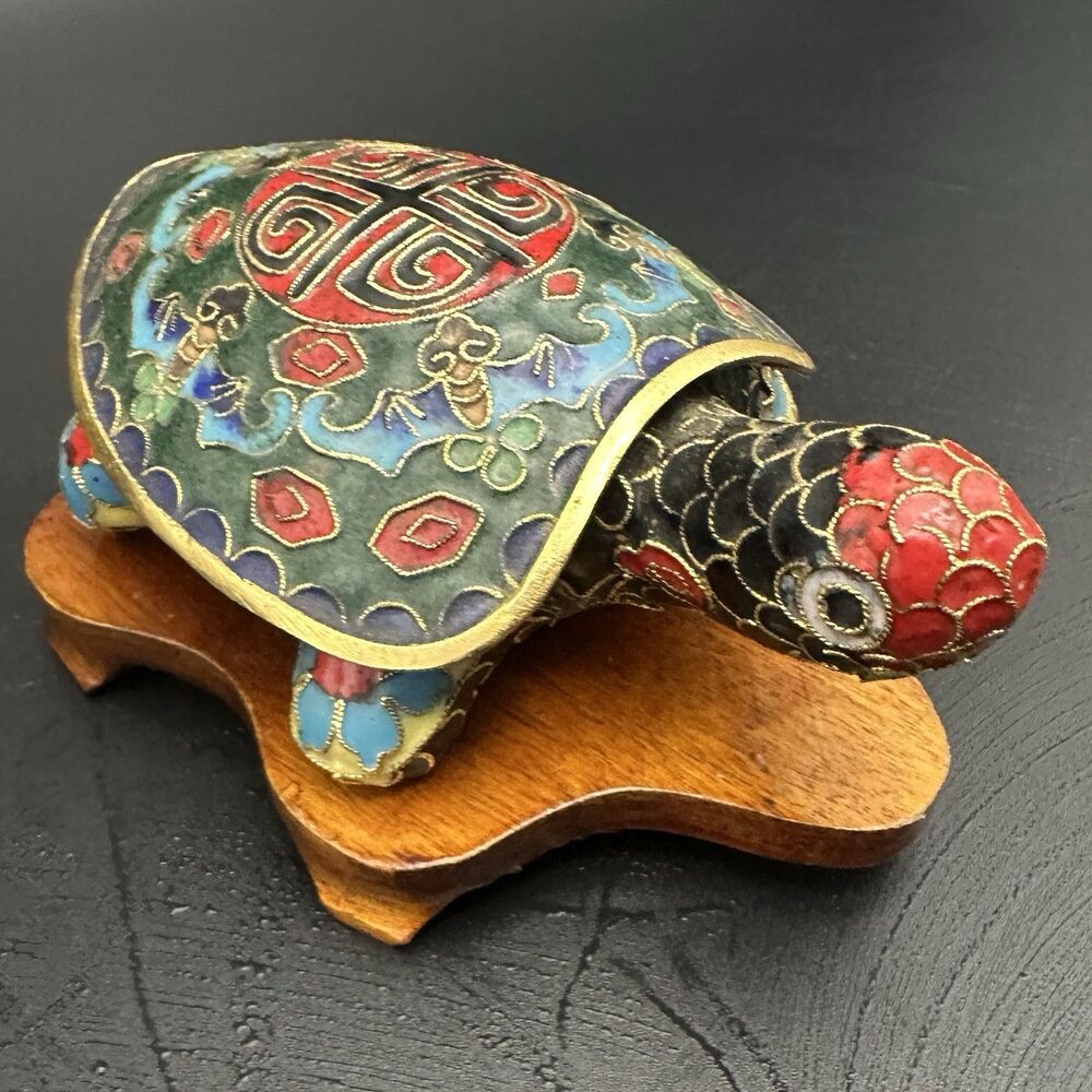 Vintage Cloisonne Turtle Trinket Box Shou Chinese Enamel Wood Stand Feng Shui